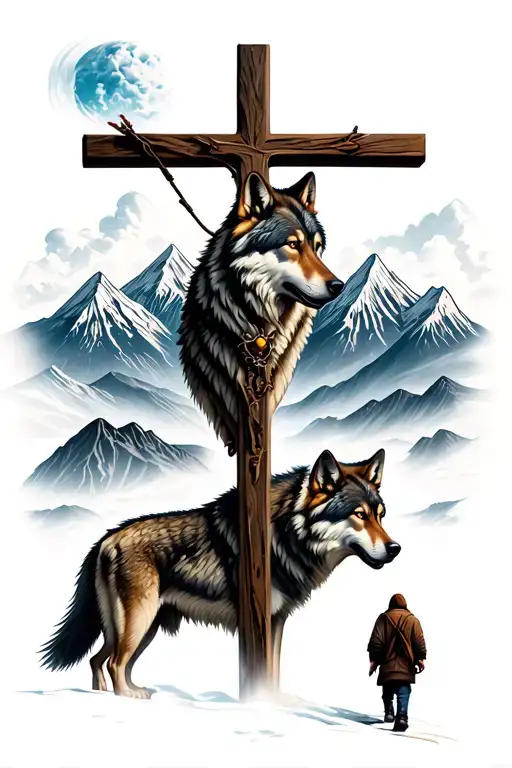 Wolf And Mountains With A Man Walking To A Cross Below