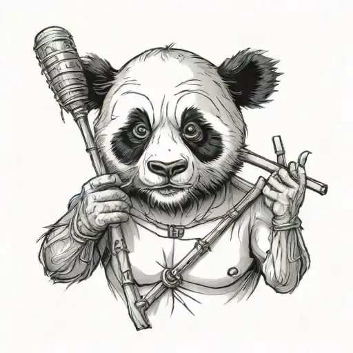 Shirtless Man Badass Panda Mask With Bamboo Berimbau