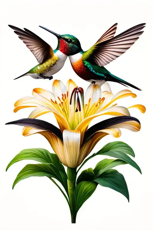 3 Hummingbirds In A Row In Front Of A Lily Flower Growing
