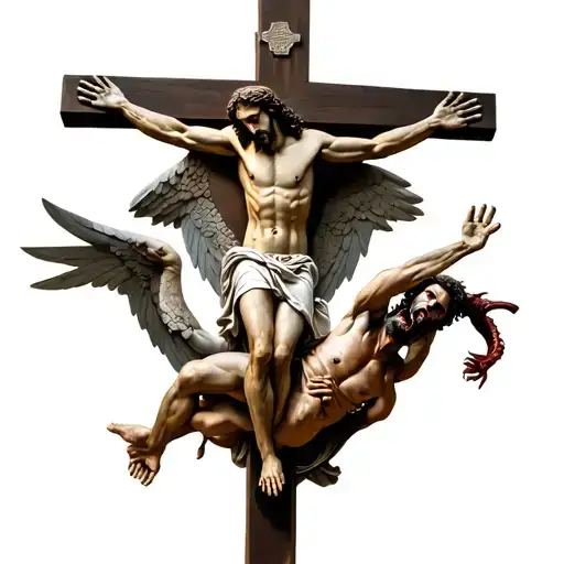 Jesus Christ On The Cross With Saint Micheal Slaying Satan Below Him