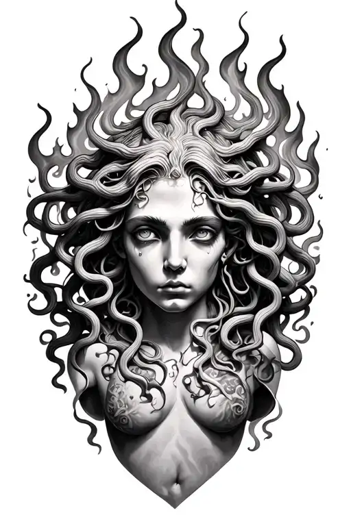 Medusa Head With Flames Coming Out Thigh