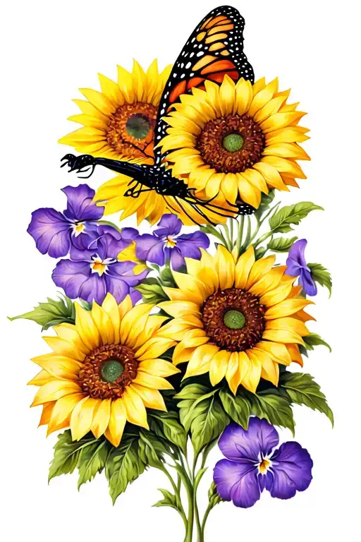 Monarch Butterfly With Yellow Sunflowers And Violets