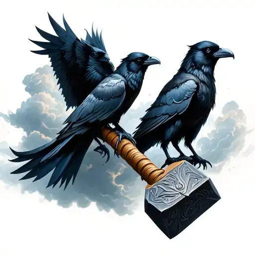 Thors Hammer With Two Ravens And Storm Clouds