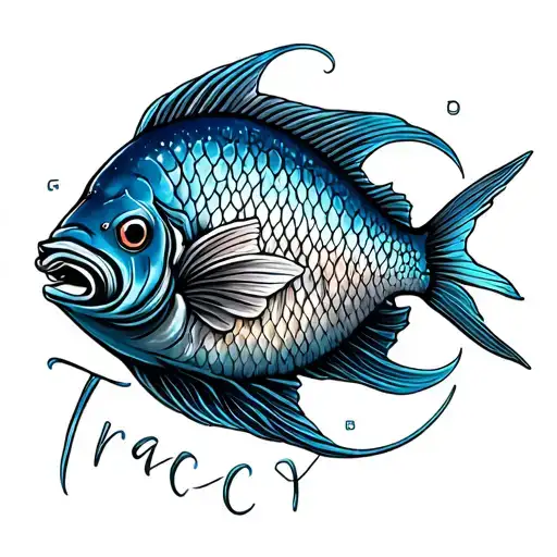 Word Tracy And Pisces Sign Tattoo Design Combining