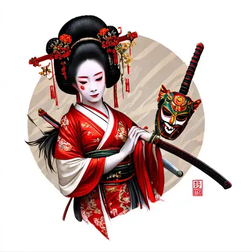 Geisha Holding A Katana Oni Mask