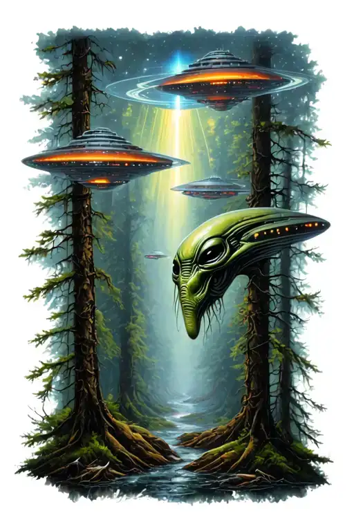 Alien Abduction With Alien Spaceships Surrounded In A Forest