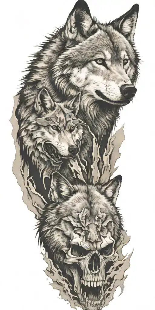 Mountains And Wolf Head And Skull