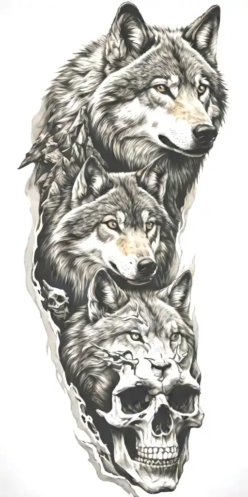 Mountains And Wolf Head And Skull