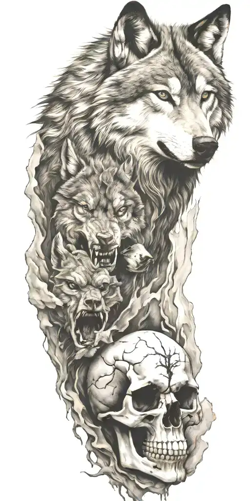 Mountains And Wolf Head And Skull