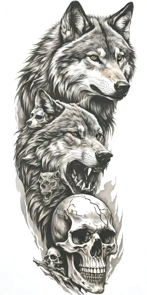Mountains And Wolf Head And Skull