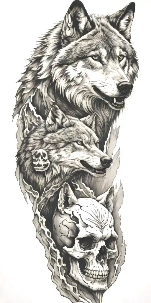 Mountains And Wolf Head And Skull