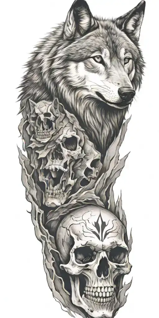 Mountains And Wolf Head And Skull