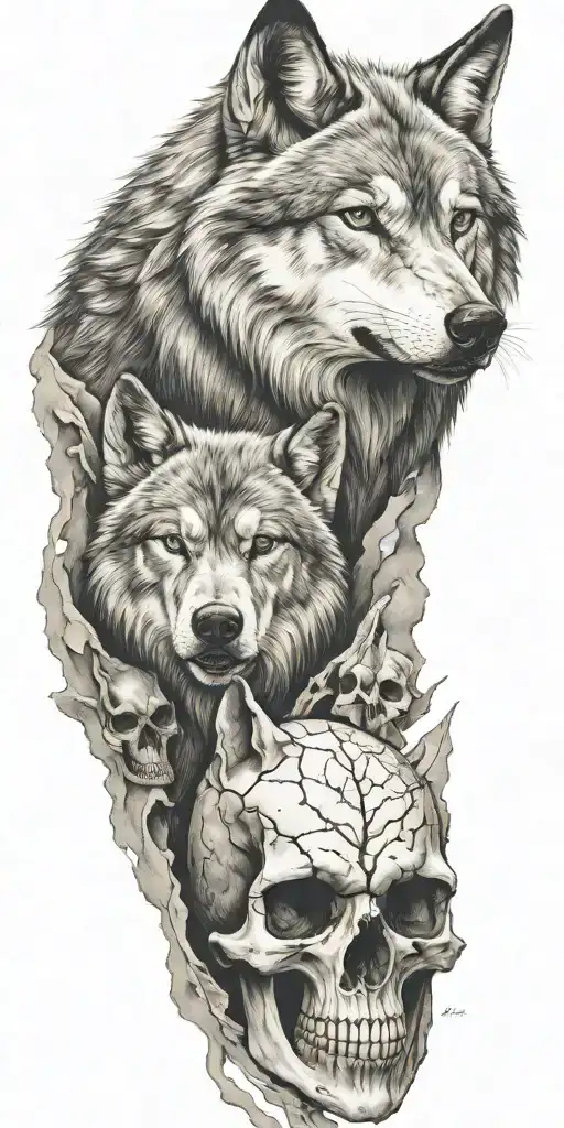 Mountains And Wolf Head And Skull