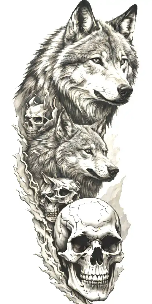 Mountains And Wolf Head And Skull