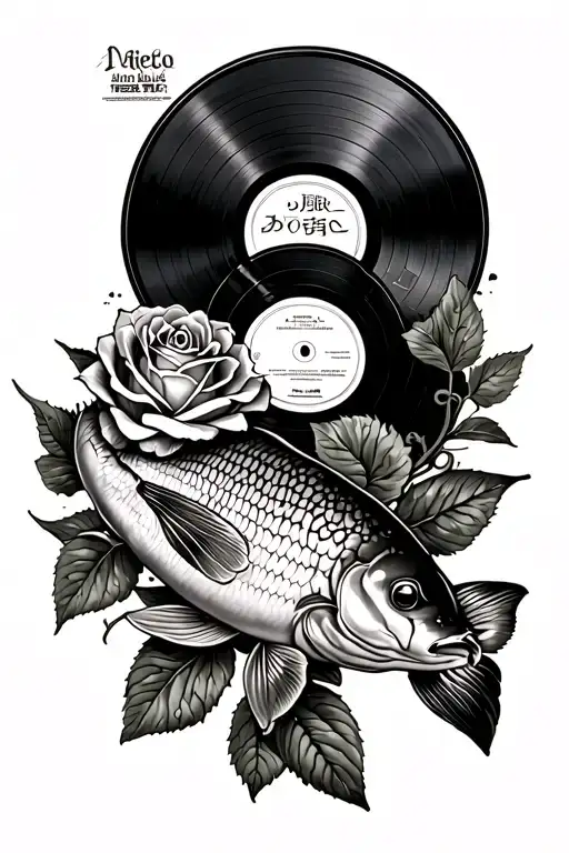 Rose Intertwined With Vinyl Record And A Carp