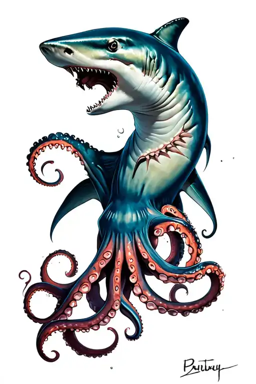 Octopus Fighting Shark Under Water