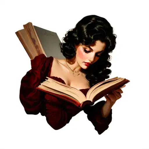 Realistic Pin Up Woman Dark Hair Reading A Book Open In Front Head Tilt Sideway