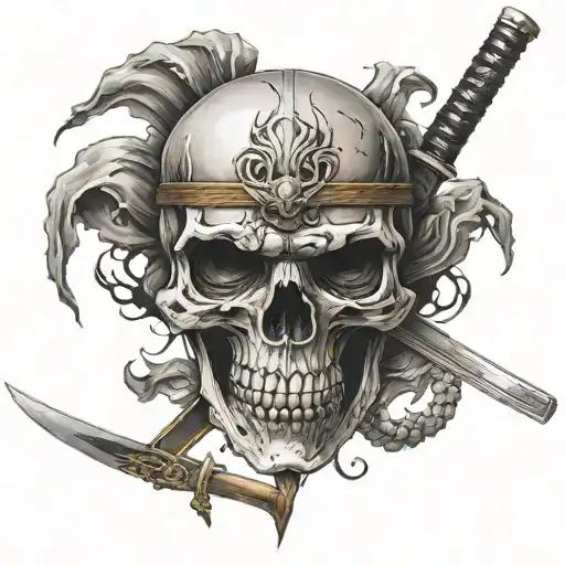 A Skull Head With A Katana Through The Eye Through Sorrow