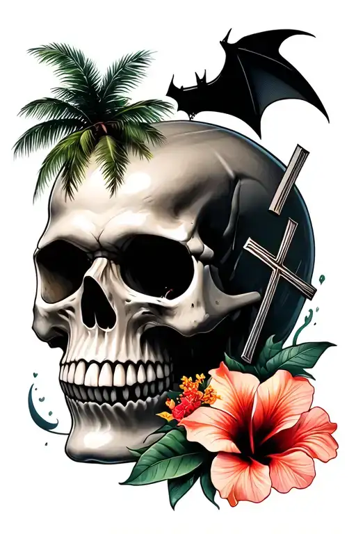 Skull With Palm Tree And Hibiscus And Cross And Bat And Shark