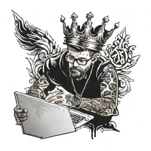 Image Of Young It Man Sitting On Laptop Wearing Crown