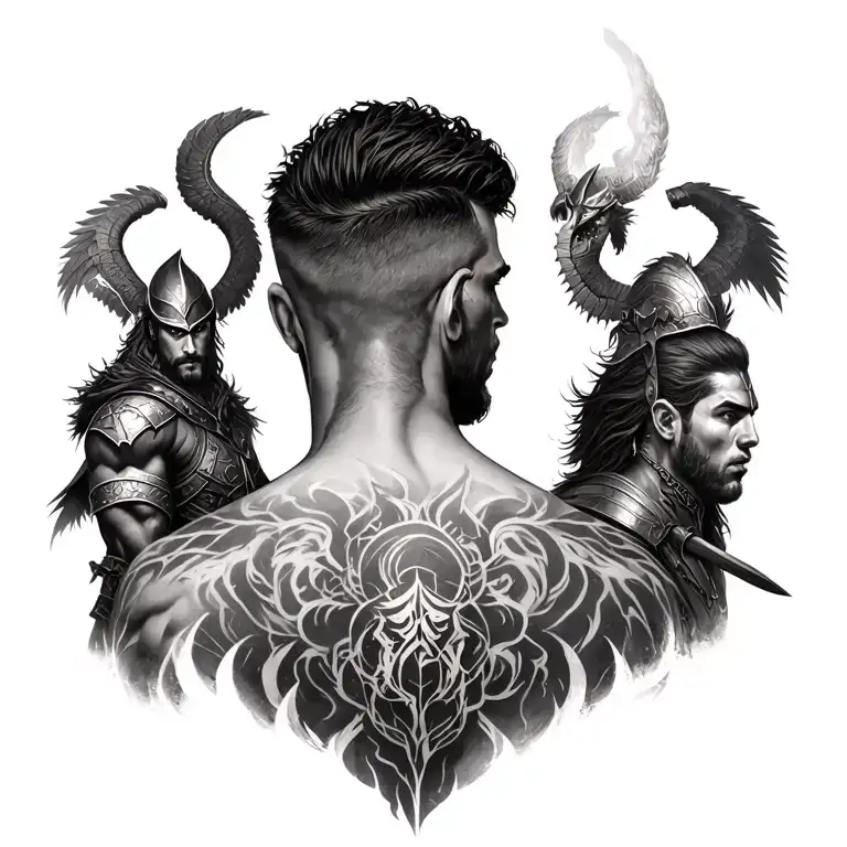 Generate A Tattoo For A Man On The Back That Will Depict Warriors From Various Mythologies