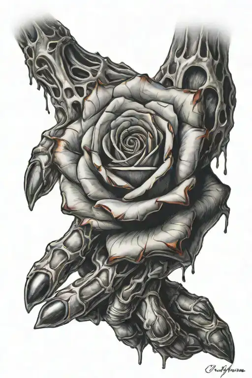 A Realistic Burning Rose Fading Into The Fingers Then Switches To Exposed Bone