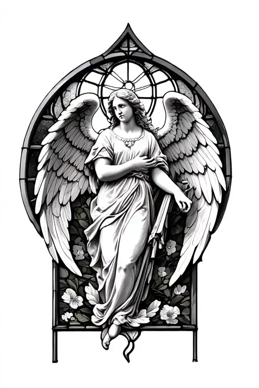 One Angel On A Stained Glass Window Black And White Image Tattoo Realism