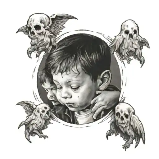 Little Boy Hugging Two Ghosts