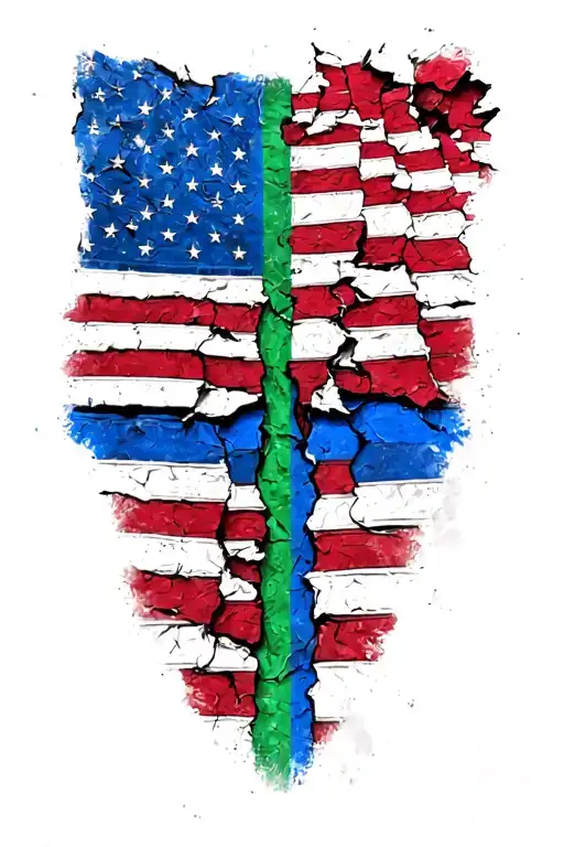 Tattered Subdued American Flag With Thin Blue And Thin Green Line In The Center