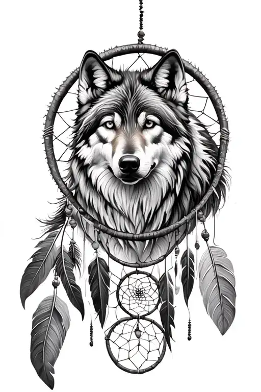 Black And White Wolf With Dreamcatcher