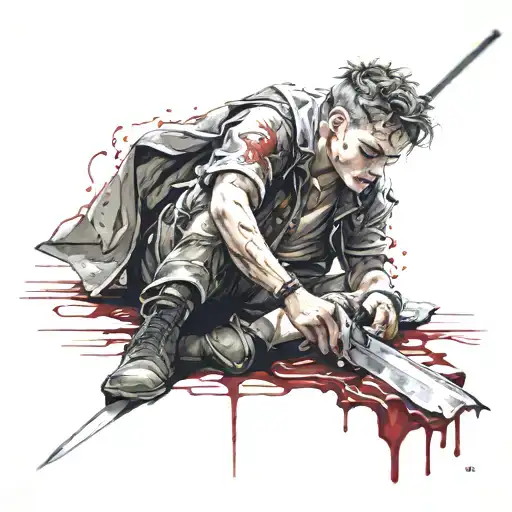 Blood Dropping From A Sword On Boy Sitting Below