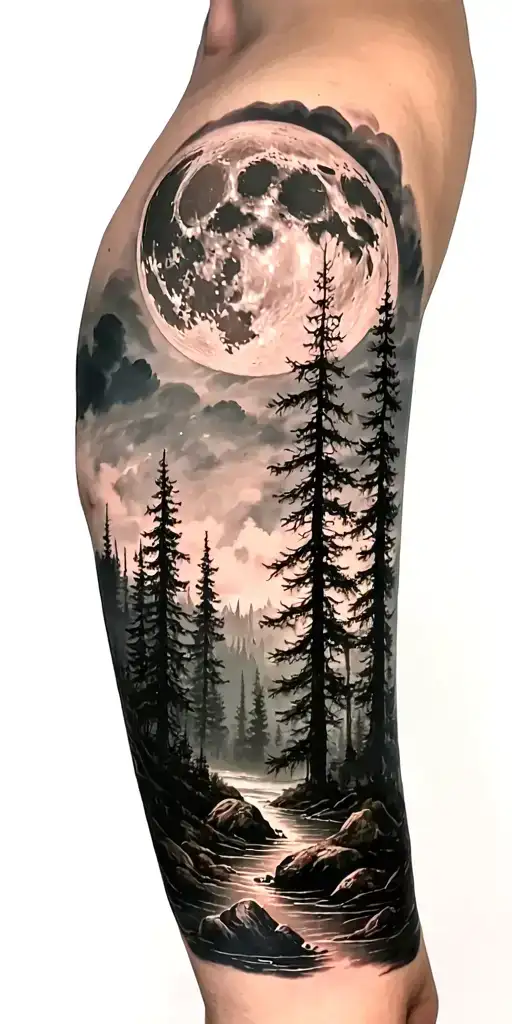 Forest Scene With Giant Moon Above
