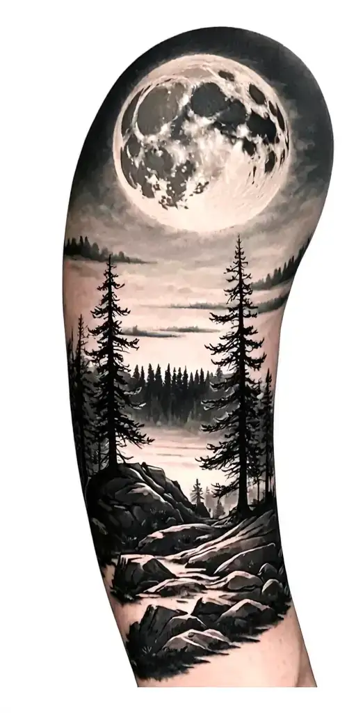 Forest Scene With Giant Moon Above