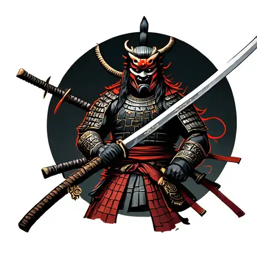 Full Body Samurai Warriror With Oni Mask On His Face With Katana In His Hands