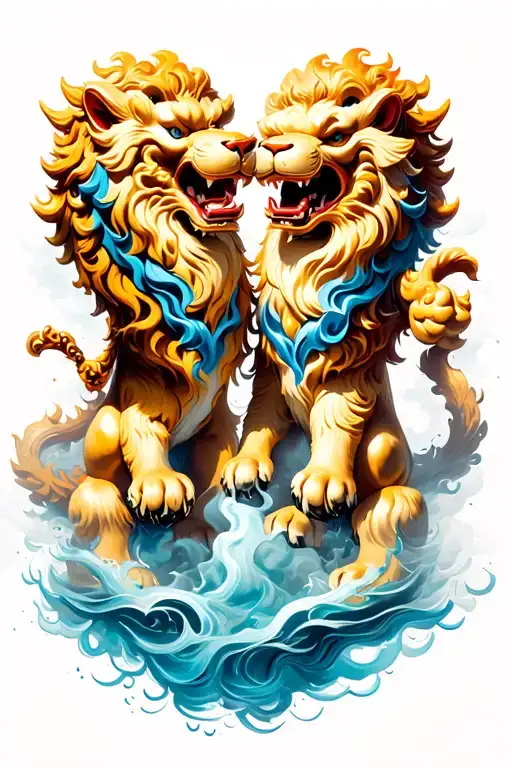 Two Foo Dogs In Battle With A Nice Flow Of Smoke And Water Running Throughout