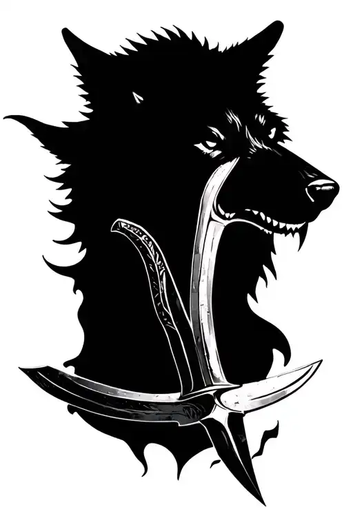 Wolf Head Grownling Horny Dagger Tattoo Design