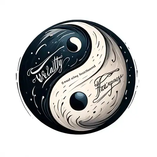 Yin Yang Symbol With Wealthy Written On Oneside And Happiness Written On Another Side