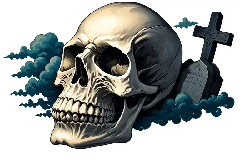 Realistic Skull In Dark Style With Clouds And Gravestones