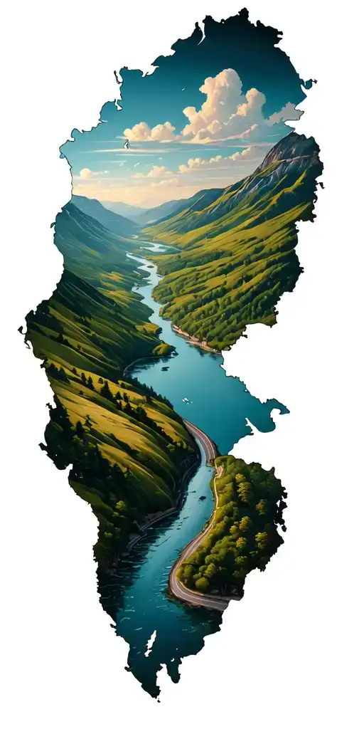 Windy Road Down Along Side A River The Middle Of A Map