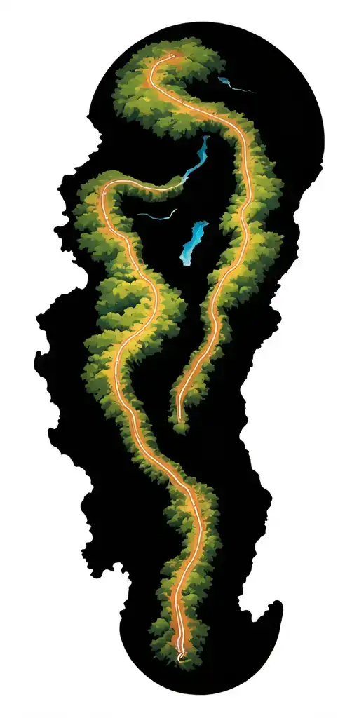 Windy Road Down Along Side A River The Middle Of A Map