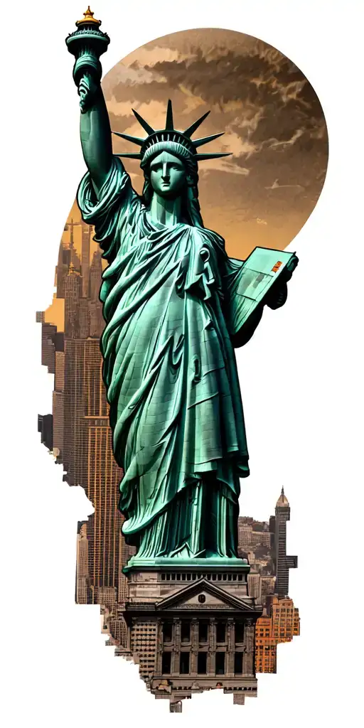 New York Map Outline Tattoo With Statue Of Liberty