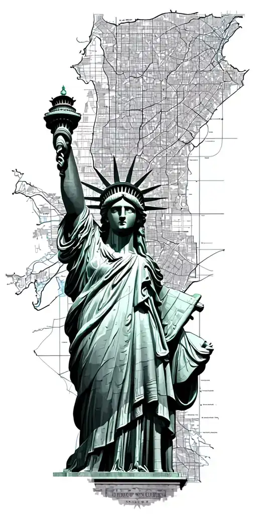 New York Map Outline With Statue Of Liberty And A Windy Road