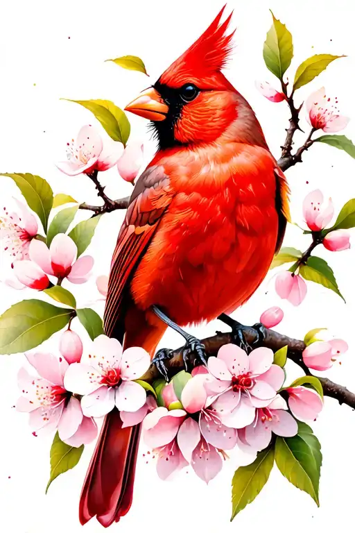 Cardinal And Cherry Blossom Branch In Color