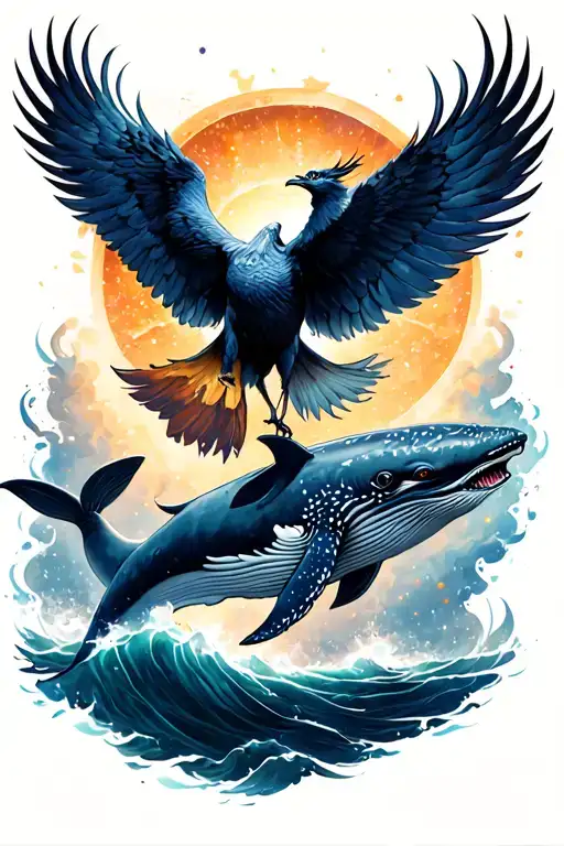 Phoenix Flying Towards Sun Accompanied By Galactic Whale