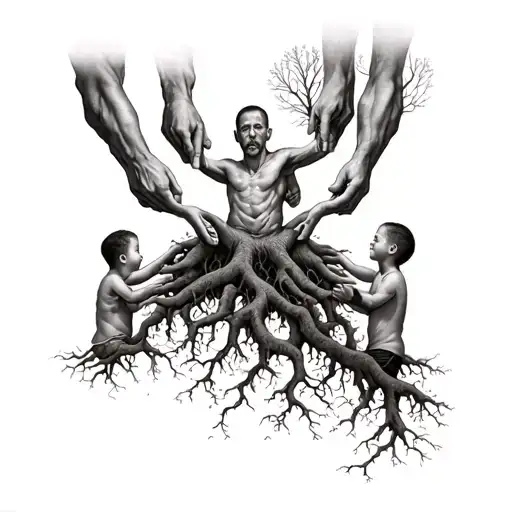 Dad With 3 Children Holding Hands Reaching Deep Roots