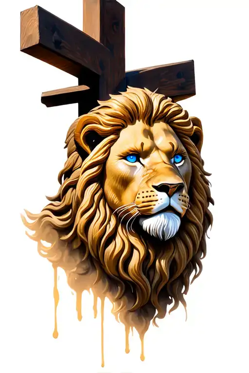 A Lions Head And Mane With Blue Eyes And A Shadow Of Jesus On The Cross