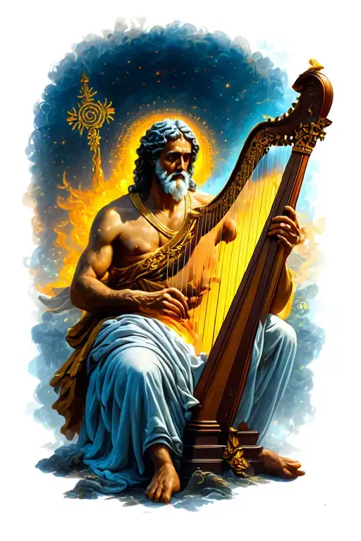 A Old Greekgod Playing A Harp Surrounded By Glowing