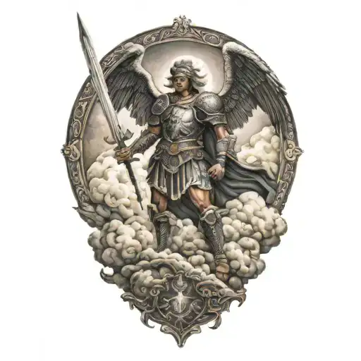 Saint Michael On Top Of Clouds With Armor Holding Sword