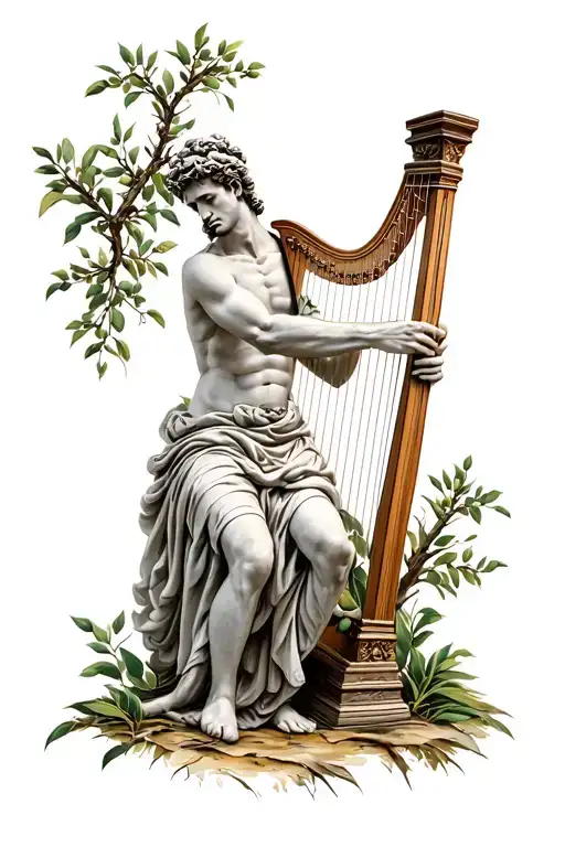 A Old Greekgod Playing A Harp Surrounded By Olive Trees And No Color In The