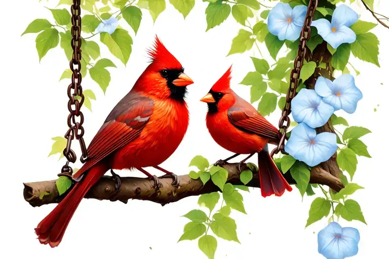 Cardinal Male And Female On A Tree Branch Swing With Morning Glory Vine